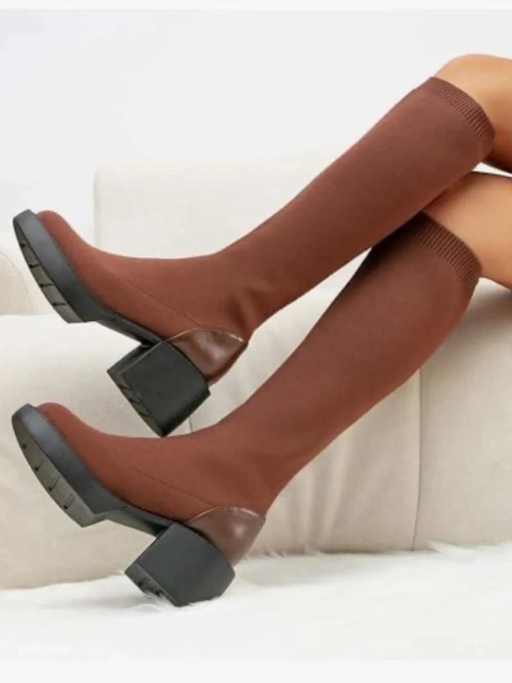 NWT Brown Knee-High Sock Boot with Block Heel 10‎